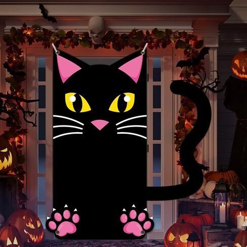 Large Halloween Black Cat Backdrop Door Decorations Halloween Scary Black Cat Door Cover Background Cat Hanging Fabric Banner Poster for Outdoor Indoor Halloween Eve Porch Wall Supplies 6 x 4.6 ft in Saudi Arabia