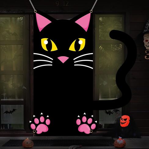 Large Halloween Black Cat Backdrop Door Decorations Halloween Scary Black Cat Door Cover Background Cat Hanging Fabric Banner Poster for Outdoor Indoor Halloween Eve Porch Wall Supplies 6 x 4.6 ft in Saudi Arabia