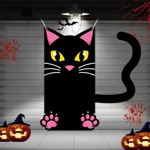 Large Halloween Black Cat Backdrop Door Decorations Halloween Scary Black Cat Door Cover Background Cat Hanging Fabric Banner Poster for Outdoor Indoor Halloween Eve Porch Wall Supplies 6 x 4.6 ft in Saudi Arabia