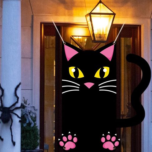 Large Halloween Black Cat Backdrop Door Decorations Halloween Scary Black Cat Door Cover Background Cat Hanging Fabric Banner Poster for Outdoor Indoor Halloween Eve Porch Wall Supplies 6 x 4.6 ft in Saudi Arabia