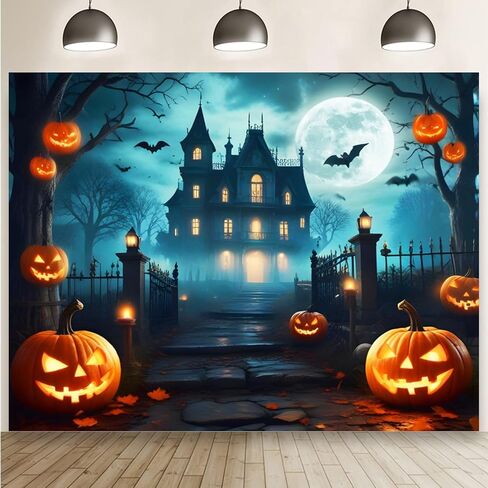 Halloween Backdrop 10x8ft Scary Cemetery Graveyard Haunted House Castle Gloomy Woods Photo Background Spooky Halloween Party Decorations Banner Moon Night Pumpkin Lantern Backdrops for Photography in Saudi Arabia