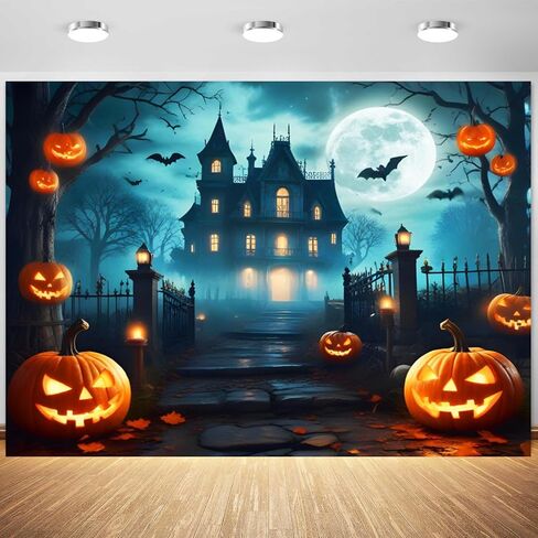 Halloween Backdrop 10x8ft Scary Cemetery Graveyard Haunted House Castle Gloomy Woods Photo Background Spooky Halloween Party Decorations Banner Moon Night Pumpkin Lantern Backdrops for Photography in Saudi Arabia