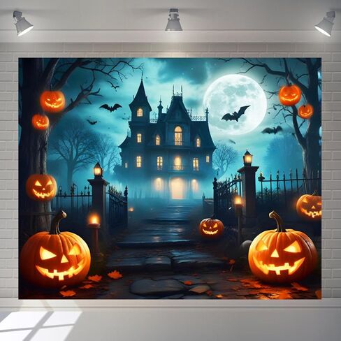 Halloween Backdrop 10x8ft Scary Cemetery Graveyard Haunted House Castle Gloomy Woods Photo Background Spooky Halloween Party Decorations Banner Moon Night Pumpkin Lantern Backdrops for Photography in Saudi Arabia