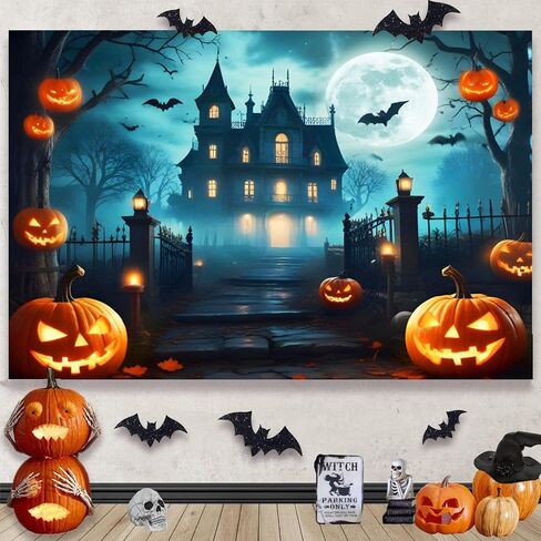 Halloween Backdrop 10x8ft Scary Cemetery Graveyard Haunted House Castle Gloomy Woods Photo Background Spooky Halloween Party Decorations Banner Moon Night Pumpkin Lantern Backdrops for Photography in Saudi Arabia