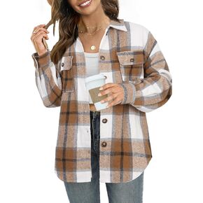 NIeyook Women's Casual Plaid Flannel Shacket Jacket Oversized Button Down Long Sleeve Fall Shirts Jacket Lapel Coats Tops