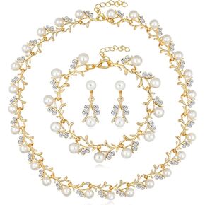 Dcfywl731 Gold Wedding Jewelry Sets for Brides Silver Rhinestone Pearl Necklace Earrings Bracelet Sets Wedding Guest Dresses for Women Bridemaid Prom Costume Accessories 2024