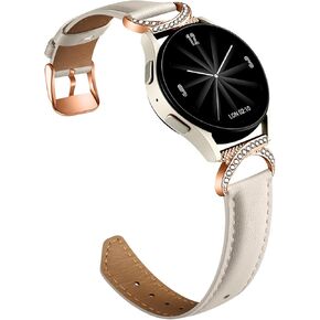 Genuine Leather Slim Watch Band Compatible with Samsung Galaxy Watch 6 5 4 40mm 44mm for Women, Galaxy 5 Pro 45mm Bands, Classic 6 4 Wristband 47mm 43mm 46mm 42mm, 20mm Band with Bling Diamond