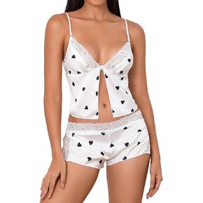 Women's Satin Lingerie Set Floral Lace Trim Split Thigh Cami Top and Shorts Pjs 2 Piece Lingerie Set