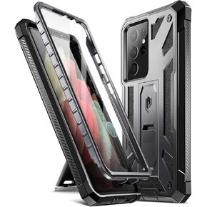 Poetic Spartan Case for Galaxy S21 Ultra 5G, 6.8" Screen Protector, Fingerprint ID, Rugged Shockproof Cover, Kickstand, Metallic Gun Metal