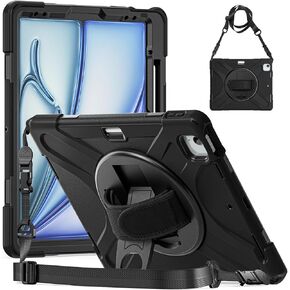 BRAECN Case for iPad Air 13 inch 2024,iPad Pro 12.9 inch (6th/5th/4th/3rd Gen),Shockproof Silicone with Screen Propector/Pencil Holder/Hand Strap/Rotating Stand/Shoulder Strap for iPad Air 13-Black