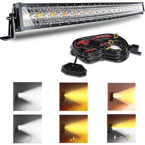 شريط إضاءة LED منحني 50 بوصة 288 وات أبيض/كهرماني ومتوهج مع ستة أوضاع للقيادة وأضواء الضباب وأضواء مصد كومبو للفيضانات مع مفتاح تسخير الأسلاك لشاحنة الطرق الوعرة 4WD SUV ATV UTV