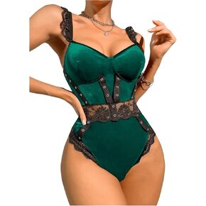 SHENHE Women's Velvet Sleeveless Backless Lace Ruffle Trim Teddy Lingerie Bodysuit