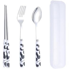 3 Pcs Outdoor Flatware Set with Case Cow Print Cow Print Fork Spoon Chopsticks Travel Camping Cutlery Set Lunch Box Utensils Tableware Dinnerware Pink