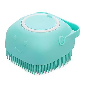 Pet Brush and Shampoo Dispensing Tool for Dogs and Cats - 2-in-1 Deshedding Tool with Soft Silicone Bristles - Cute Animal Design, Massager and Exfoliating Hair Wash Brush (Baby Blue)