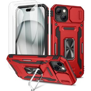 Maxdara for iPhone 15 Slide Camera Cover Case with Screen Protector, with Built-in 360°Rotate Ring Stand Magnetic Car Mount Cover Case for iPhone 15 6.1 inch, Red