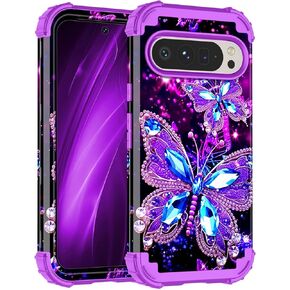 Miqala for Google Pixel 9a Case,Glow in The Dark Three Layer Heavy Duty Shockproof Full Body Protection Hard Plastic Bumper+Soft Silicone Case for Google Pixel 9a,Dark Butterfly