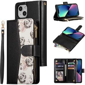UEEBAI Wallet Case for iPhone 13 Pro Max, PU Leather Case Magnetic Closure Handbag Zipper Pocket Case Kickstand Card Slots with Hand Strap Rose Flip Case for Women - Flower Rose Gold