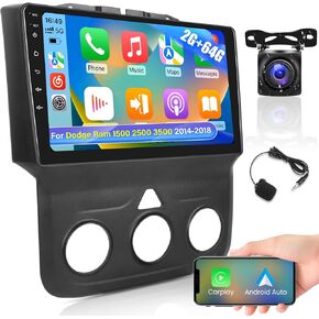 [2+64G] Car Radio for Dodge Ram 1500 2500 3500 2014-2018 (Only for Manual A/C) - Wireless Carplay and Android Auto - 9 Inch Touchscreen Android Car Stereo with GPS/WiFi/SWC + AHD Backup Camera
