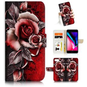 for iPhone 8 Plus, iPhone 7 Plus, iPhone 6 Plus, Art Designed Flip Wallet Style Cover Case Fancy Flower Full Body Protection AD003 (#24886 Purple Rose Flower)