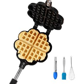 Heart Shaped Waffler, Cast-Aluminium Pan, Sweetheart, Mini Waffle Maker, Waffle Baking Pan Black Five 2.5 inch cavities