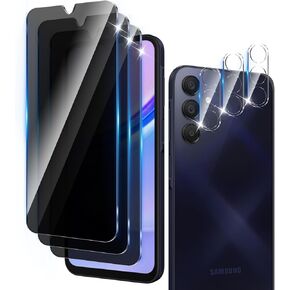 3+3 Pack Privacy Screen Protector Designed for Samsung Galaxy A15 4G/5G With 3 Pack Camera Lens Protector,Full Coverage Anti-Spy Tempered Glass Film,9H Hardness,Bubble Free,Easy to Install