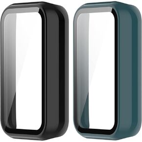Compatible for Amazfit Band 7 Case with Built-in Tempered Glass Screen Protector, Full Coverage Hard PC Ultra-Thin Protective Cover for Amazfit Band 7 Accessories (Black&Black)