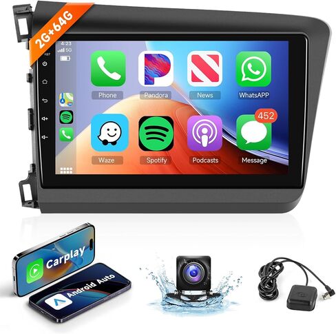 2G+64G Android Car Stereo Radio for Honda Civic 2012-2015 Wireless Carplay Android Auto, Rimoody 9 Inch Touch Screen GPS WiFi Mirror Link Bluetooth FM/RDS EQ SWC AHD Backup Camera in Saudi Arabia