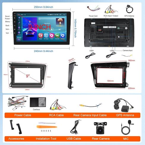 2G+64G Android Car Stereo Radio for Honda Civic 2012-2015 Wireless Carplay Android Auto, Rimoody 9 Inch Touch Screen GPS WiFi Mirror Link Bluetooth FM/RDS EQ SWC AHD Backup Camera in Saudi Arabia