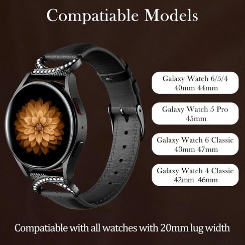 Genuine Leather Slim Watch Band Compatible with Samsung Galaxy Watch 6 5 4 40mm 44mm for Women, Galaxy 5 Pro 45mm Bands, Classic 6 4 Wristband 47mm 43mm 46mm 42mm, 20mm Band with Bling Diamond in Saudi Arabia