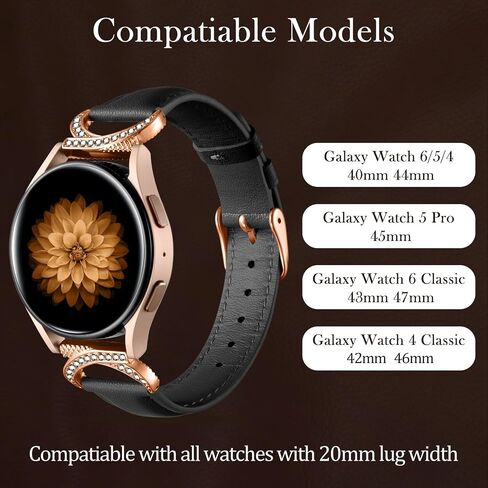 Genuine Leather Slim Watch Band Compatible with Samsung Galaxy Watch 6 5 4 40mm 44mm for Women, Galaxy 5 Pro 45mm Bands, Classic 6 4 Wristband 47mm 43mm 46mm 42mm, 20mm Band with Bling Diamond in Saudi Arabia