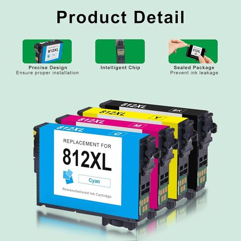 استبدال خرطوشة الحبر المعاد تصنيعها من SAILNER 812XL 812 لحزمة التحرير والسرد لخرطوشة الحبر Epson 812XL 812 حبر لخراطيش الحبر Epson WF-7840 WF-7820 WF-7310 EC-C7000، 4 عبوات 812XL in Kuwait