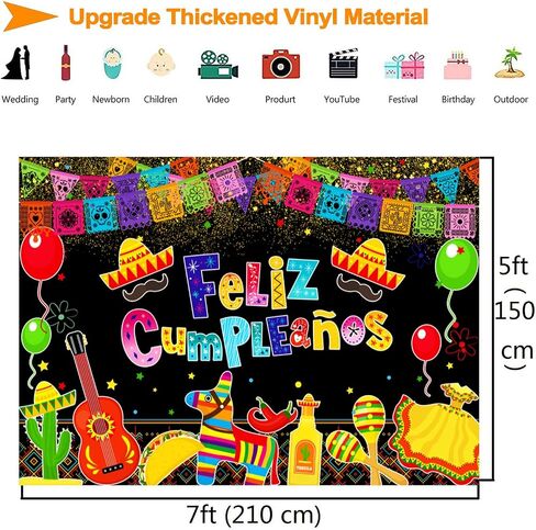 Feliz Cumpleaños Backdrop Mexican Fiesta Birthday Party Decorations Colorful Cinco De Mayo Taco Carnival Photography Background Mexico Fiesta Theme Bday Festival Banner Supplies Photo Booth Prop 7x5ft in Saudi Arabia