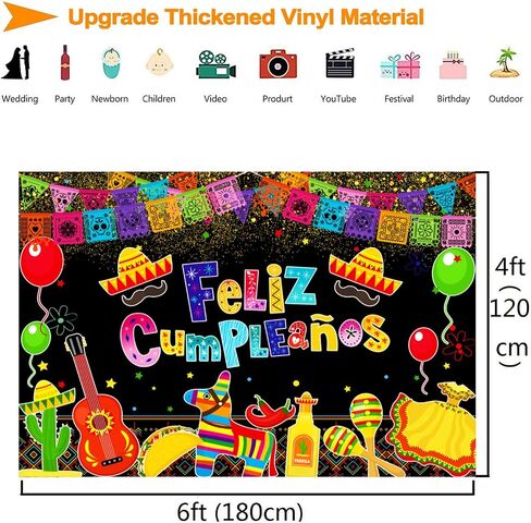 Feliz Cumpleaños Backdrop Mexican Fiesta Birthday Party Decorations Colorful Cinco De Mayo Taco Carnival Photography Background Mexico Fiesta Theme Bday Festival Banner Supplies Photo Booth Prop 7x5ft in Saudi Arabia