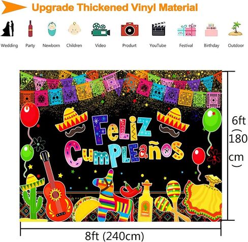 Feliz Cumpleaños Backdrop Mexican Fiesta Birthday Party Decorations Colorful Cinco De Mayo Taco Carnival Photography Background Mexico Fiesta Theme Bday Festival Banner Supplies Photo Booth Prop 7x5ft in Saudi Arabia