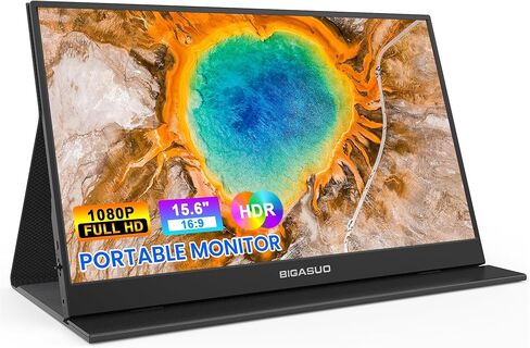 شاشة BIGASUO المحمولة، شاشة كمبيوتر محمول 15.6 بوصة 1080 بكسل FHD مع غطاء ذكي ومكبرات صوت، شاشة USB-C HDMI IPS عرض HDR فائقة النحافة لأجهزة الكمبيوتر المحمول، الكمبيوتر الشخصي، الهاتف، Mac، Xbox، PS4/5، Switch in Kuwait