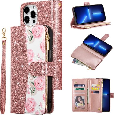 UEEBAI Wallet Case for iPhone 13 Pro Max, PU Leather Case Magnetic Closure Handbag Zipper Pocket Case Kickstand Card Slots with Hand Strap Rose Flip Case for Women - Flower Rose Gold in Saudi Arabia