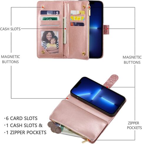 UEEBAI Wallet Case for iPhone 13 Pro Max, PU Leather Case Magnetic Closure Handbag Zipper Pocket Case Kickstand Card Slots with Hand Strap Rose Flip Case for Women - Flower Rose Gold in Saudi Arabia