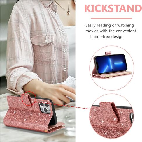 UEEBAI Wallet Case for iPhone 13 Pro Max, PU Leather Case Magnetic Closure Handbag Zipper Pocket Case Kickstand Card Slots with Hand Strap Rose Flip Case for Women - Flower Rose Gold in Saudi Arabia