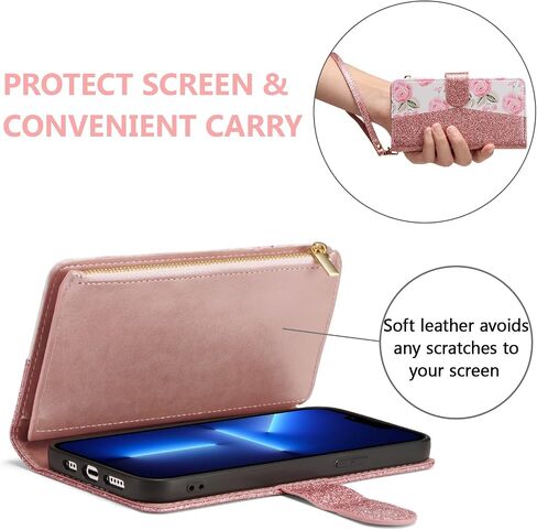 UEEBAI Wallet Case for iPhone 13 Pro Max, PU Leather Case Magnetic Closure Handbag Zipper Pocket Case Kickstand Card Slots with Hand Strap Rose Flip Case for Women - Flower Rose Gold in Saudi Arabia