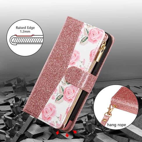 UEEBAI Wallet Case for iPhone 13 Pro Max, PU Leather Case Magnetic Closure Handbag Zipper Pocket Case Kickstand Card Slots with Hand Strap Rose Flip Case for Women - Flower Rose Gold in Saudi Arabia