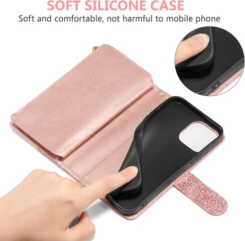 UEEBAI Wallet Case for iPhone 13 Pro Max, PU Leather Case Magnetic Closure Handbag Zipper Pocket Case Kickstand Card Slots with Hand Strap Rose Flip Case for Women - Flower Rose Gold in Saudi Arabia