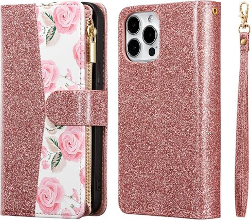 UEEBAI Wallet Case for iPhone 13 Pro Max, PU Leather Case Magnetic Closure Handbag Zipper Pocket Case Kickstand Card Slots with Hand Strap Rose Flip Case for Women - Flower Rose Gold in Saudi Arabia