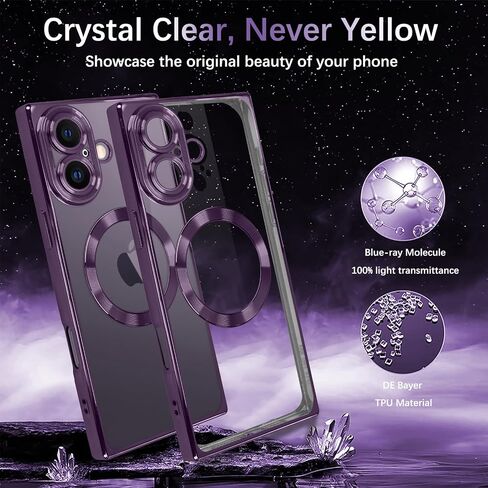 ZIYE Clear Magnetic Case for iPhone 16 Case [Compatible with MagSafe] Luxury Slim Soft Shockproof Support Wireless Charging Phone Cover for Women Girls Girly-Purple in Kuwait