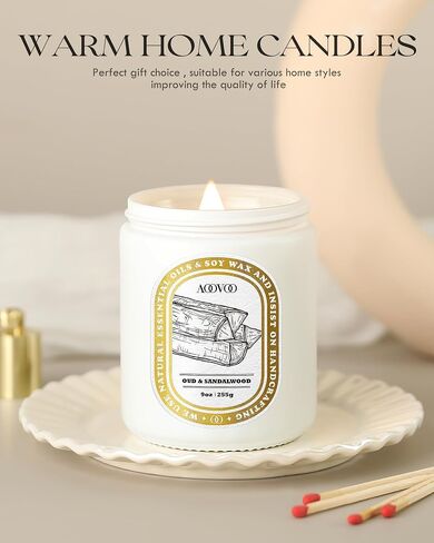 AOOVOO Scented Candles for Home Scented, Wood Wicked Candles Christmas Birthday Gifts for Women Mom Men, Natural Soy Candle | Rose & Sandalwood Candle, White Jar - 9oz in Saudi Arabia