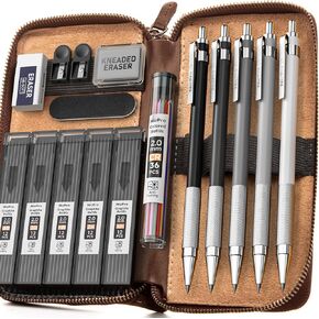 Nicpro 17PCS Metal 2mm Mechanical Pencil Set in Leather Case, 2.0 mm Pencil Holders (4B 2B HB 2H 4H) 6 Tube Black Colored Lead Refills, Erasers,Sharpener For Art Drafting Sketching Drawing