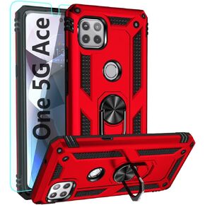 for Motorola One 5G Ace Phone Case,with HD Screen Protector,[Military Grade] Ring Car Mount Kickstand Hybrid Hard PC Soft TPU Shockproof Protective Case for Moto One 5G Ace (Red)