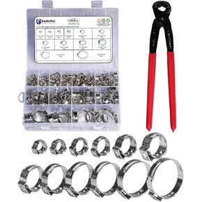 192 Pcs 12 Sizes Goobetter Single Ear Hose Clamps Stainless Steel with Ear Clamps Pincer Set, 5.3-33.1mm Adjustable Hose Clamp Assortment for radiator, Plumbing, Automotive, Washing Machine