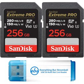 SanDisk (2 Pack) SDXC Memory Card 256GB UHS-II Extreme Pro V60 for Photo and Video (SDSDXEP-256G-GN4IN) Bundle with 1 Everything But Stromboli Micro & SD Card Reader