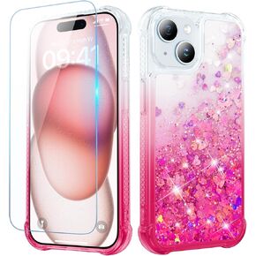 Ruky for iPhone 15 Case, with Screen Protector Glitter Sparkle Flowing Quicksand Waterfall Flexible Soft TPU Protective Women Girls Phone Case for iPhone 15 6.1 inches, Gradient Pink