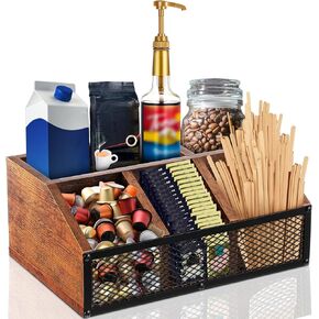 Yalikop Coffee Station Organizer Coffee Bar Holder for Countertop Coffee and Tea Condiment Pod Wooden Storage Basket Rustic Coffee Bar Organizer with Iron Mesh for Coffee Accessories Organizer Decor